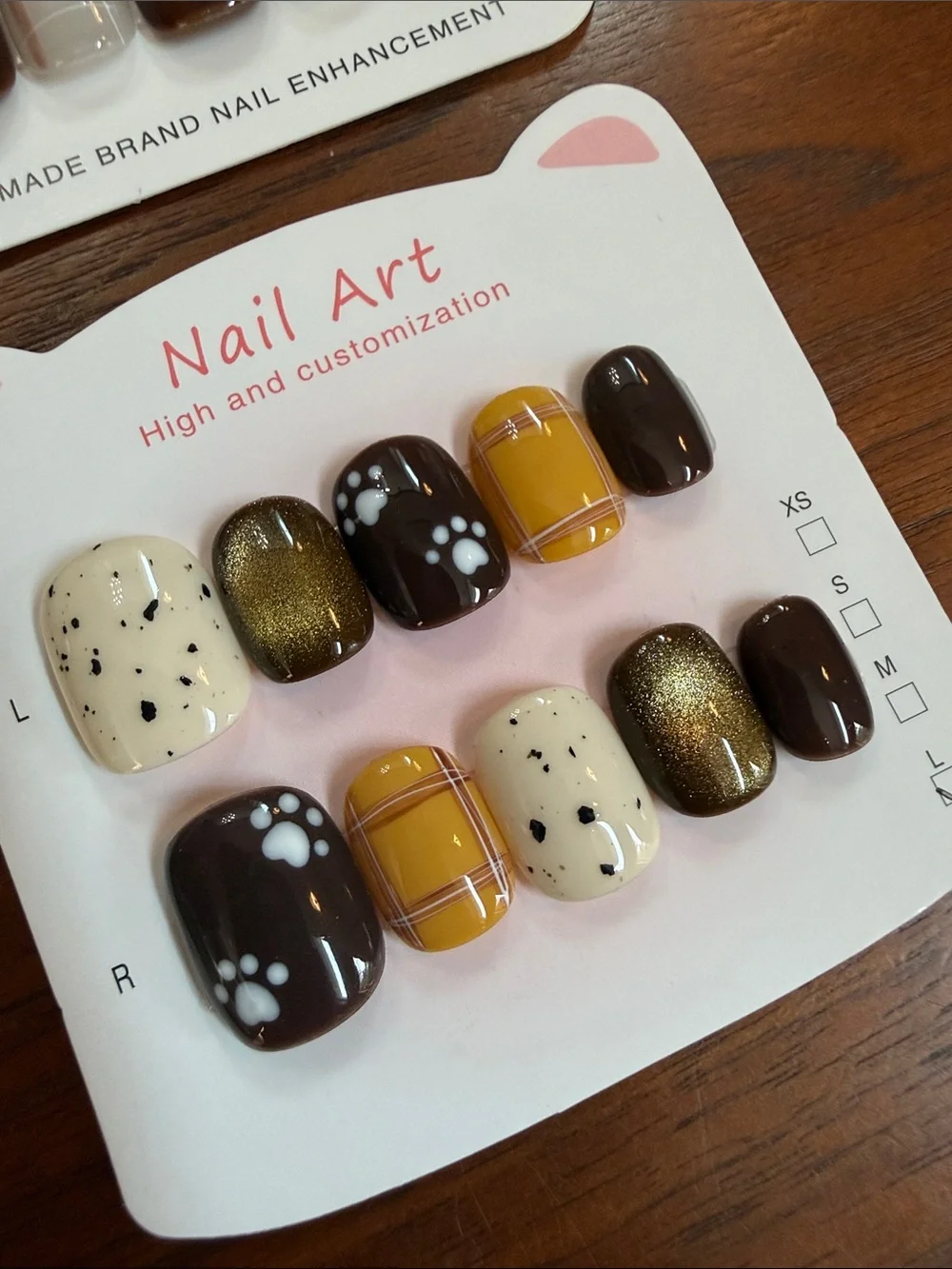Neutral Fall Press-On Nail Sets with Paw & Star Accents Cat Eye- short large